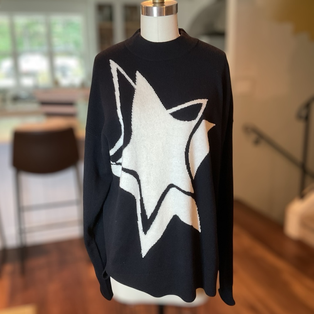 NWT OPEN EDIT Star Intarsia Wool & Recycled Cashmere Sweater Black White Star